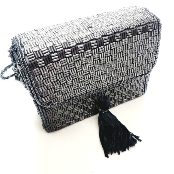 Nwot Cache Charcoal Gray Beaded Rectangle Geometric Evening Bag w/beaded… - Picture 4 of 11